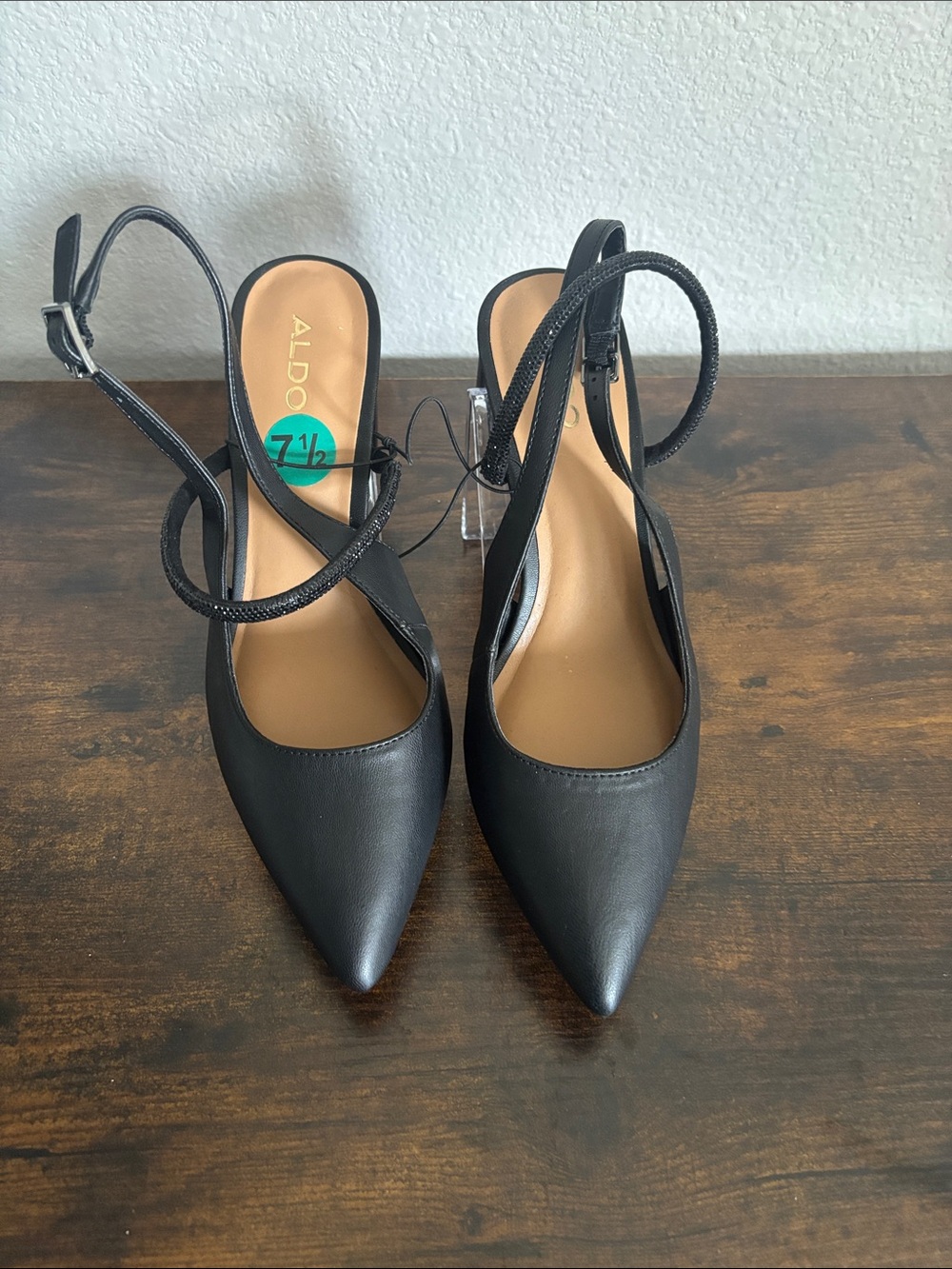 Aldo Black Block Pointed-Toe Slingback Heels Size 7.5M Rhinestone Strap